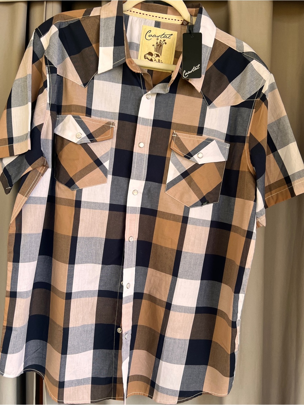 Men’s Short Pearl Snap Plaid Shirt - Navy, Tan & White